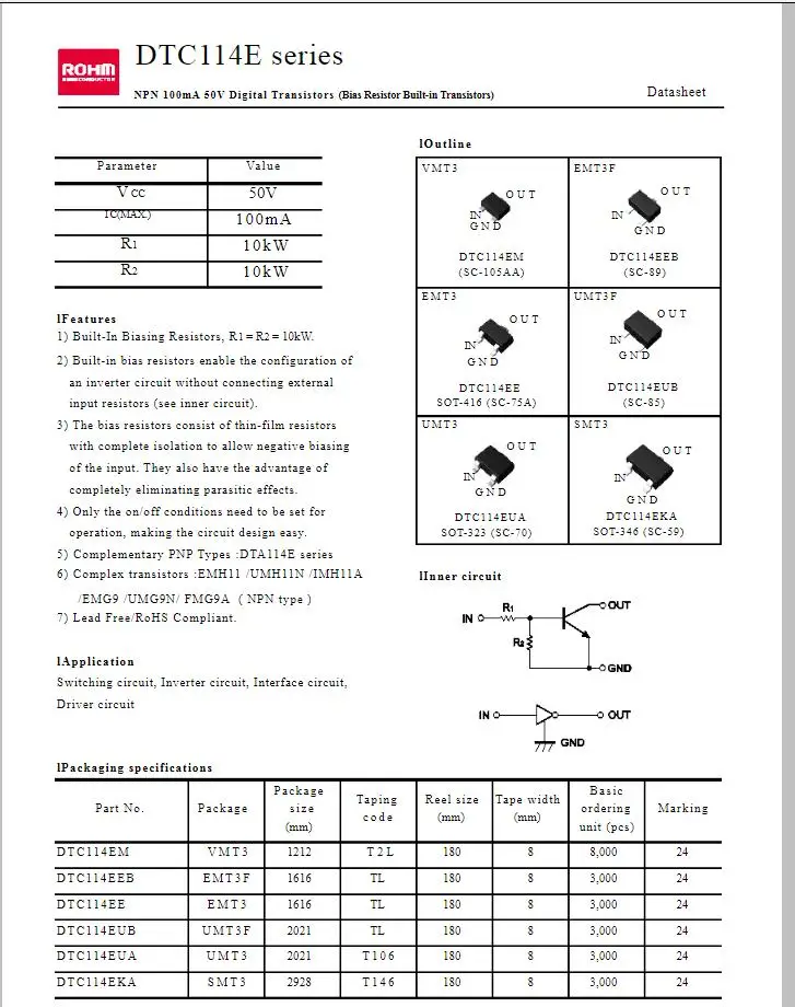 50pcs DTC114EKAT146 Marking: 24 SOT-23 DTC114EKA T146 NPN 100mA 50V Digital Transistors 100% new imported original 100% quality