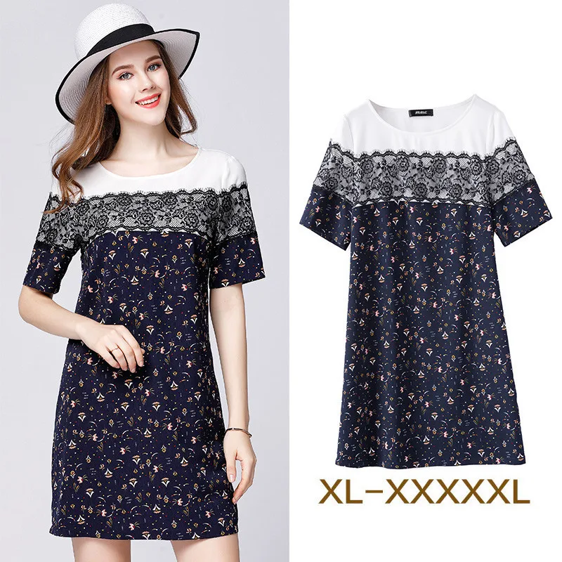 

Navy Floral Dress Slim Plus Size Clothing 5XL 6XL Lace Summer Dresses Casual Clothes Women Vestidos Mujer FYY502