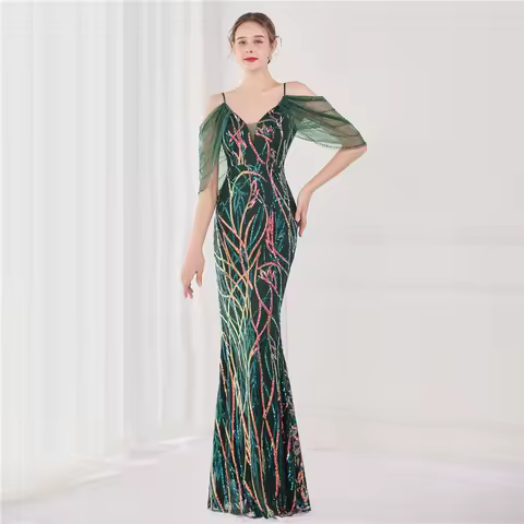 YIDINGZS Elegant Beading Evening Dress Women Green Sequin Dress Party Strap Maxi Dress Long Prom Dress 19002