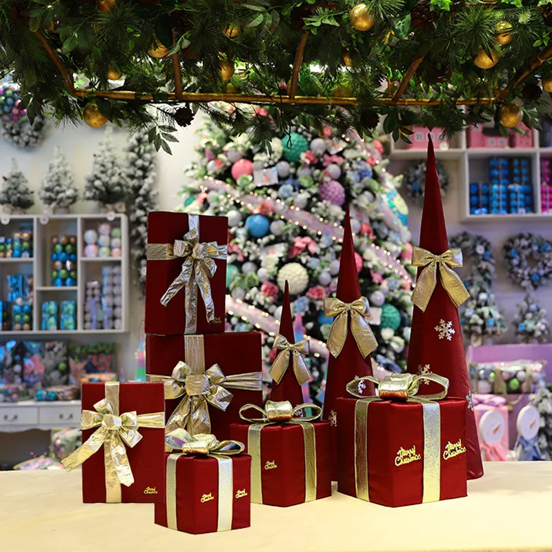 2022 Christmas Scene Layout Window Cloth Gift Box Purple Long Cone Cube Series Party Decoration  Halloween Decor Chrismas Box