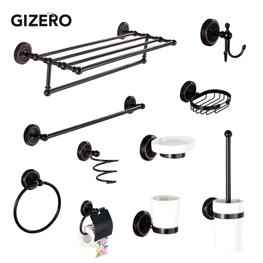 Bathroom Hardware Set Black Brass Towel Rack Towel Bar Toilet Paper Holder Robe Hooks Bathroom Accessories Wall Mounted ZR2032