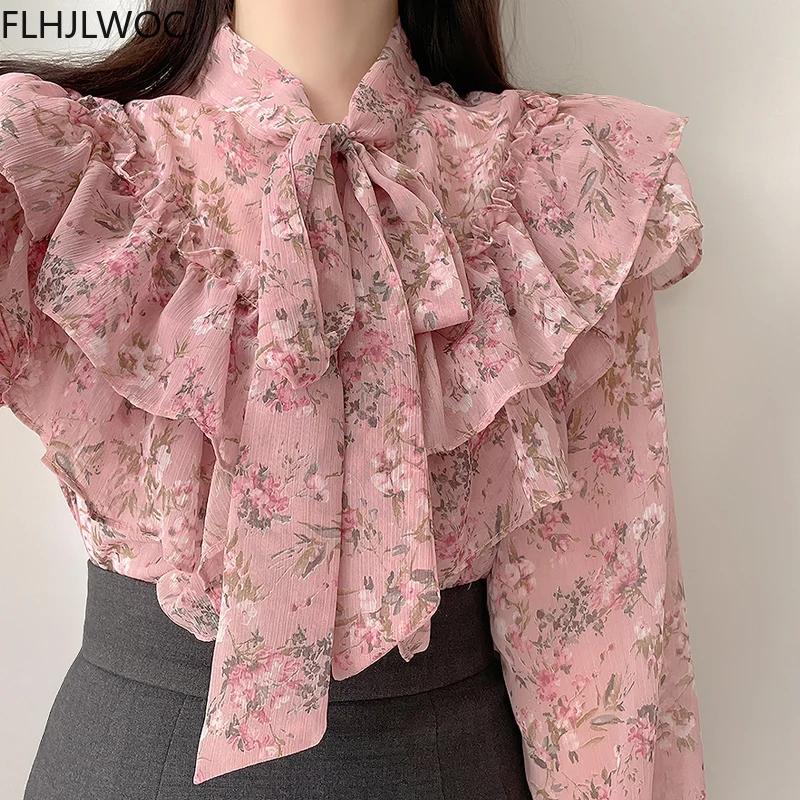 Camisetas Vintage de manga larga para mujer, blusa rosa elegante con botones de botonadura única, pajarita bonita, estilo coreano japonés, con