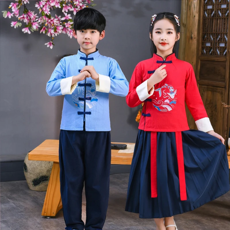 Chinese Style Children Hanfu Traditional Elements Simple Two Color Boy Girl Retro Embroidery Suit Recitation Performancecostumes