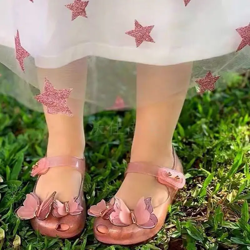 Hot Sale New 2024 Children\'s sparkle butterfly jelly shoes original mini princess beach sandals fashion PVC sequin shoes HMI039