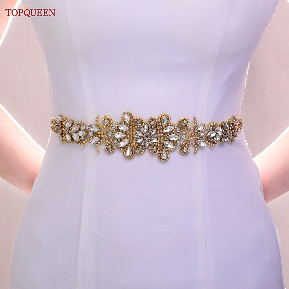 

Topqueen S12-G Gold Rhinestone Belt Bridal Dress Moroccan Caftan Sash Bridesmaid Decorative Drill Women Belt Wedding Accessories