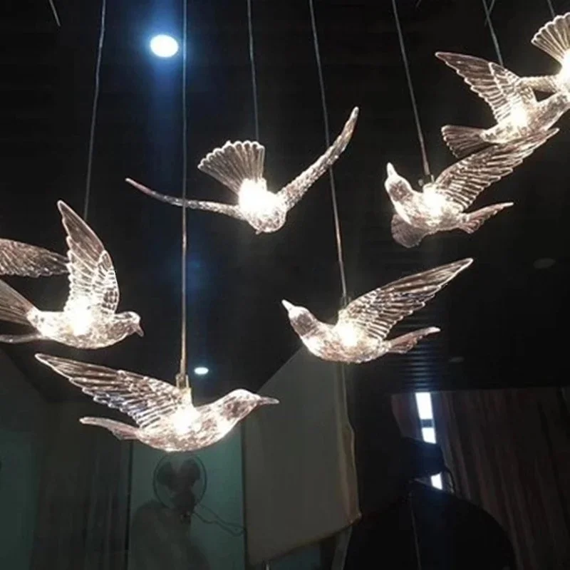 Glowing Bird Chandelier Acryl Hanging Pendant Lamp for Hotel Restaurant Lobby Ceiling Art Decoration