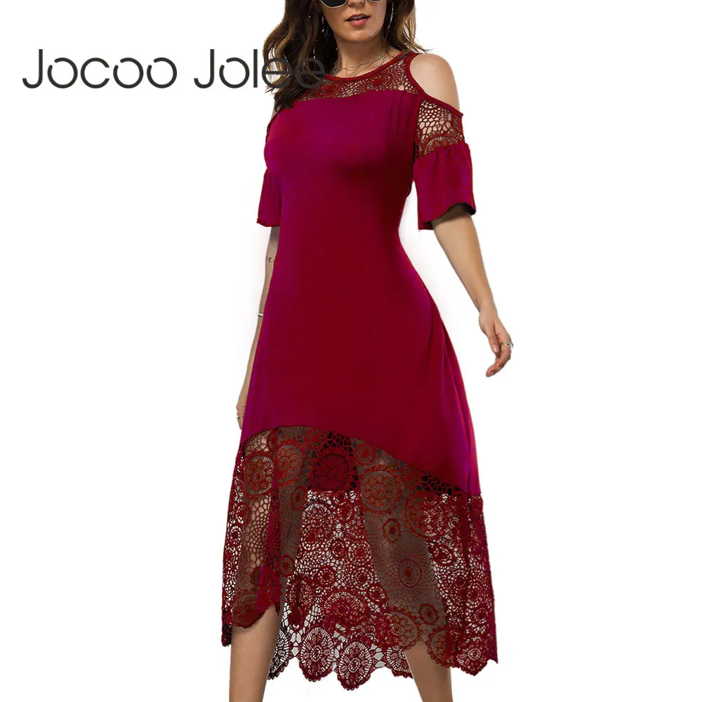 Jocoo Jolee-vestido Midi de retazos de encaje para mujer, traje Sexy elegante con cuello redondo y hombros descubiertos, con volantes, para fiesta y Club, 2020