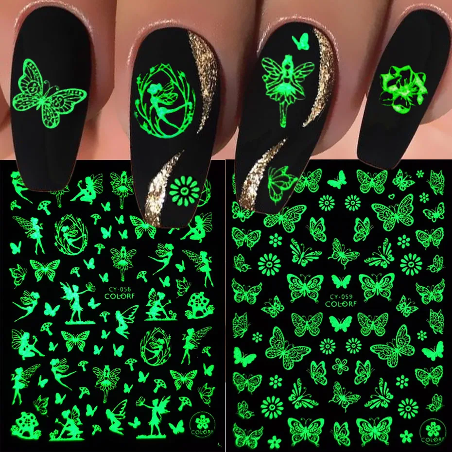 Butterfly Flower Luminous Nail Sticker 3D Spring Fluorescent Cartoon Elf Daisy Leaf Glow in the Dark Manicure Slider NLCY055-063