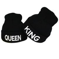 HUE010 Women Winter Cheap Adult letters Embroidery Knitted Hat Autumn Black King Queen Solid Curled Beanies Skullies