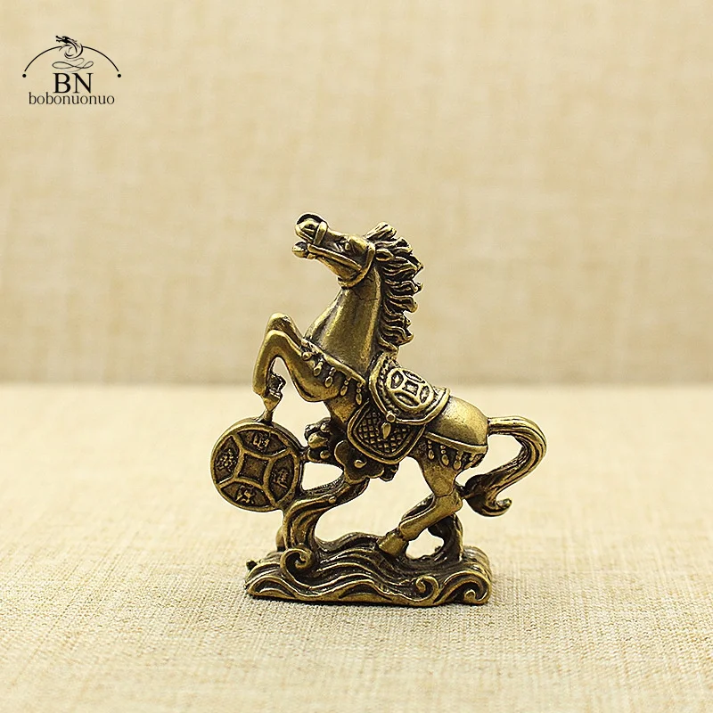 Solid Brass Lucky Coins Horse Small Statue Tea Pets Table Ornaments Vintage Copper Chinese Zodiac Animal Feng Shui Decors