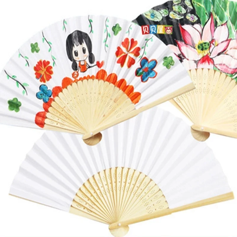 50 Pcs / Lot Blank paper fan Folding Elegant Paper Hand Fan Children DIY painting Wedding Party gift