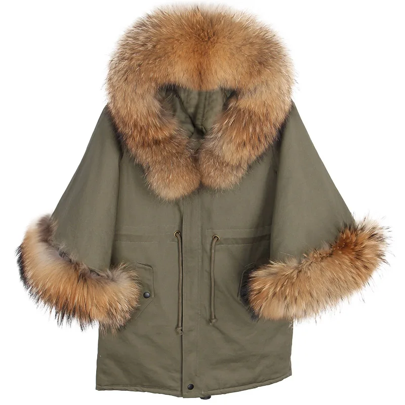 2024 MAOMAOKONG Otoño e Invierno nuevo estilo cuello de piel de mapache abrigo casual verde manga trompeta capa Chaqueta de algodón Mujer