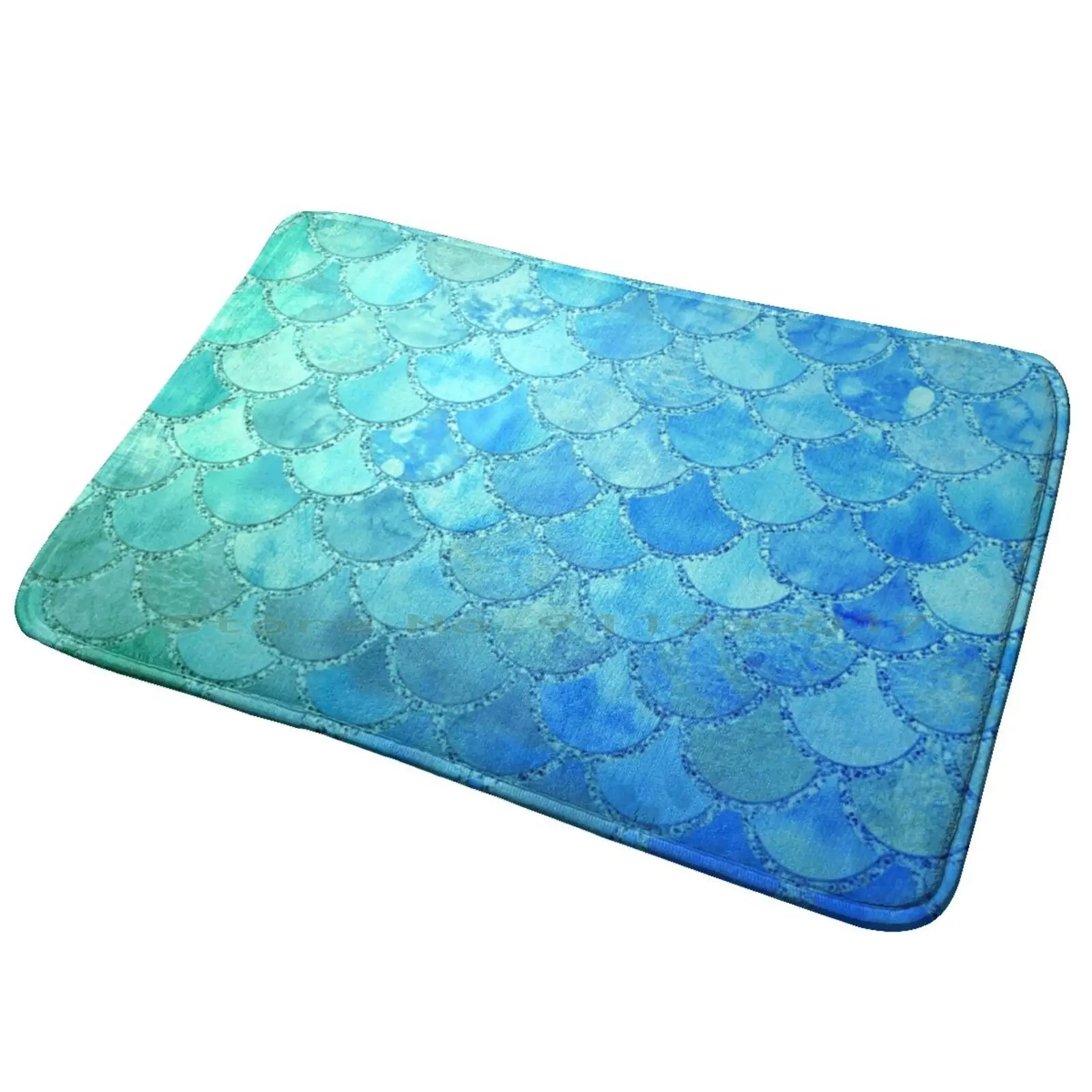 Turquoise Green And Blue Watercolor Mermaid Scales Entrance Door Mat Bath Mat Rug Abstract Animal Blink Fishscales Geometric