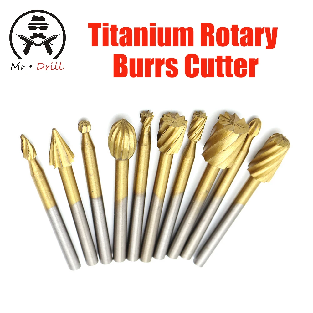 10pcs 1/8'' Shank Titanium HSS Steel Rotary burrs Cutter Engraving Grinding Bit For Rotary file cutter Tools woodworking DIY
