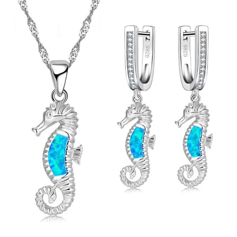 Ladies Jewelry Set Cute Inlaid Seahorse Pendant For Women Wedding Accessories Girl Necklace Earring Birthday Gift