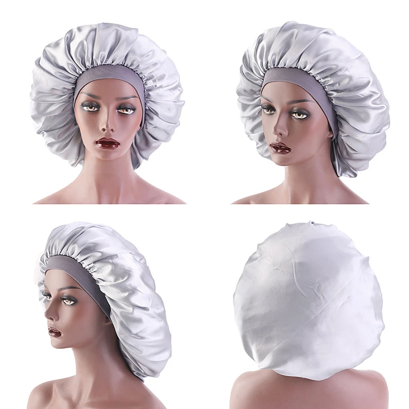 Gorro de dormir sedoso de satén Extra grande con banda elástica Premium para mujer, envoltura de cabeza de Color sólido, gorro de noche con ala