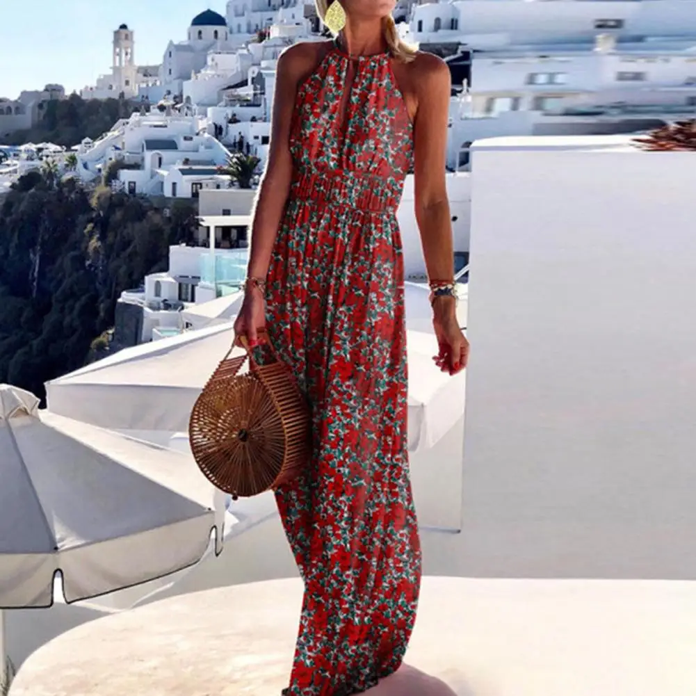 2021 Summer Boho Floral Print Long Party Dress Women Elegant Halter Sleeveless Maxi Dress Spring Backless Hollow Out Dresses