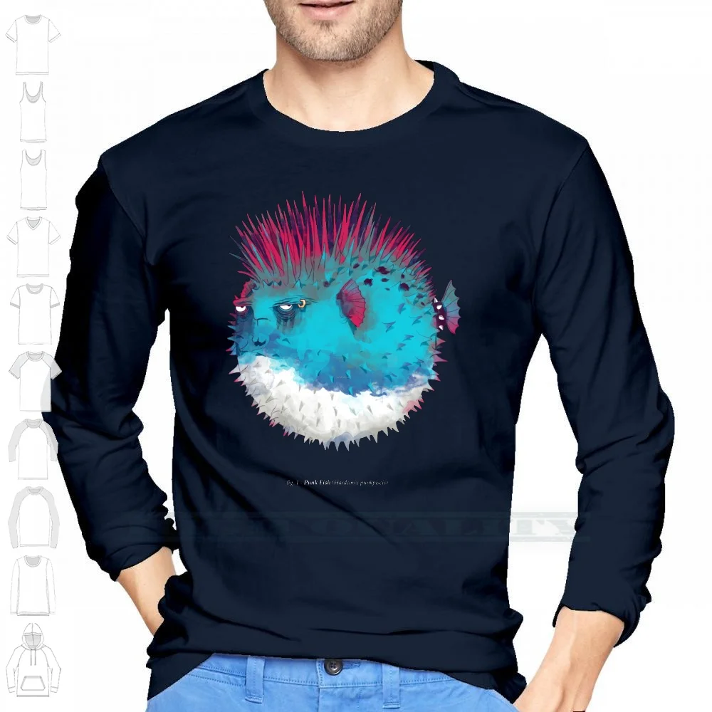 Punk Fish 100% Cotton Long Sleeve T Shirt Punk Pufferfish Blow Funny Fishes Balloon Ocean Rock Guitar Music Song Loud Amplifier