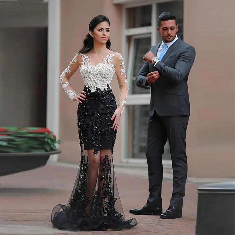 New Illusion Neck Mermaid Prom Dresses 2024 Beaded Lace Appliques See Through Long Sleeves Formal Evening Gowns Robe De Soiree