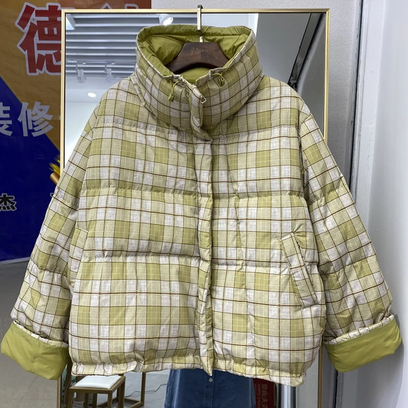 Casual Women 90% White Duck Down Jacket Autumn Winter Warm Outwear Casual Stand-up Collar Oversize Coat New Plaid Parkas Female