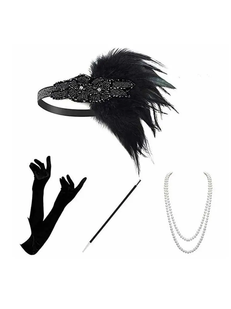 3Pack Women Great Gatsby Party Costume Accessories Set Retro 1920s Flapper Accessories Feather Headband Gloves Cigarette Holder