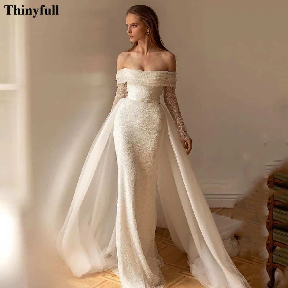 Thinyfull Ivory Glitter Mermaid Wedding Dresses 2 Pieces Off The Shoulder Bride Party Gowns Long Sleeves Formal Bridal Gowns