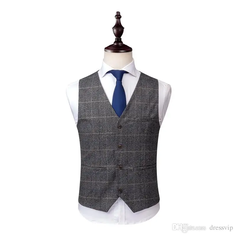 Trajes grises para hombre, trajes a cuadros de lana de Tweed, esmoquin de novio de corte Regular, esmoquin de boda a cuadros hecho a medida, vestido Formal