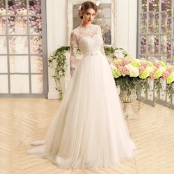 Gorgeous Long Sleeve Wedding Dresses O-Neck Lace A-line Soft Tulle Illusion Bridal Gown Applique  Dress Robe Mariee