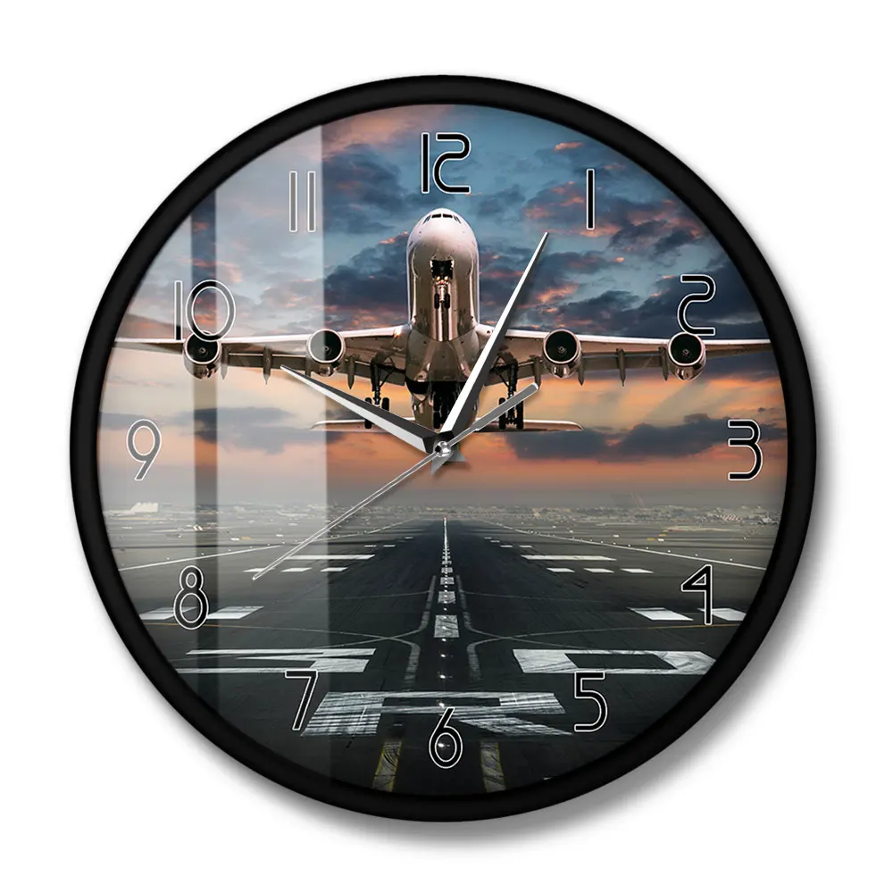 Airplane Taking Off Aviation Pilot Wall Clock Sunset Airplane Lawn Airport Aircraft Artwork Aviator Home Decor Silent Wall Watch