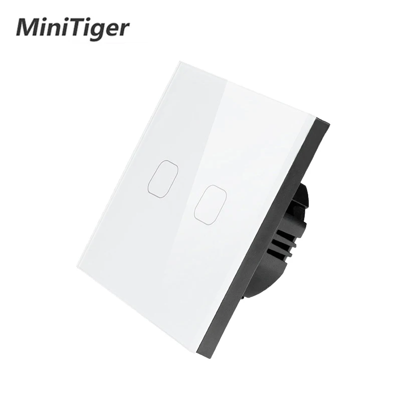 Minitiger EU/UK Standard AC 220-250V White Luxury Glass Panel 2 gang 1 way Touch Wall Sensor Light Switch