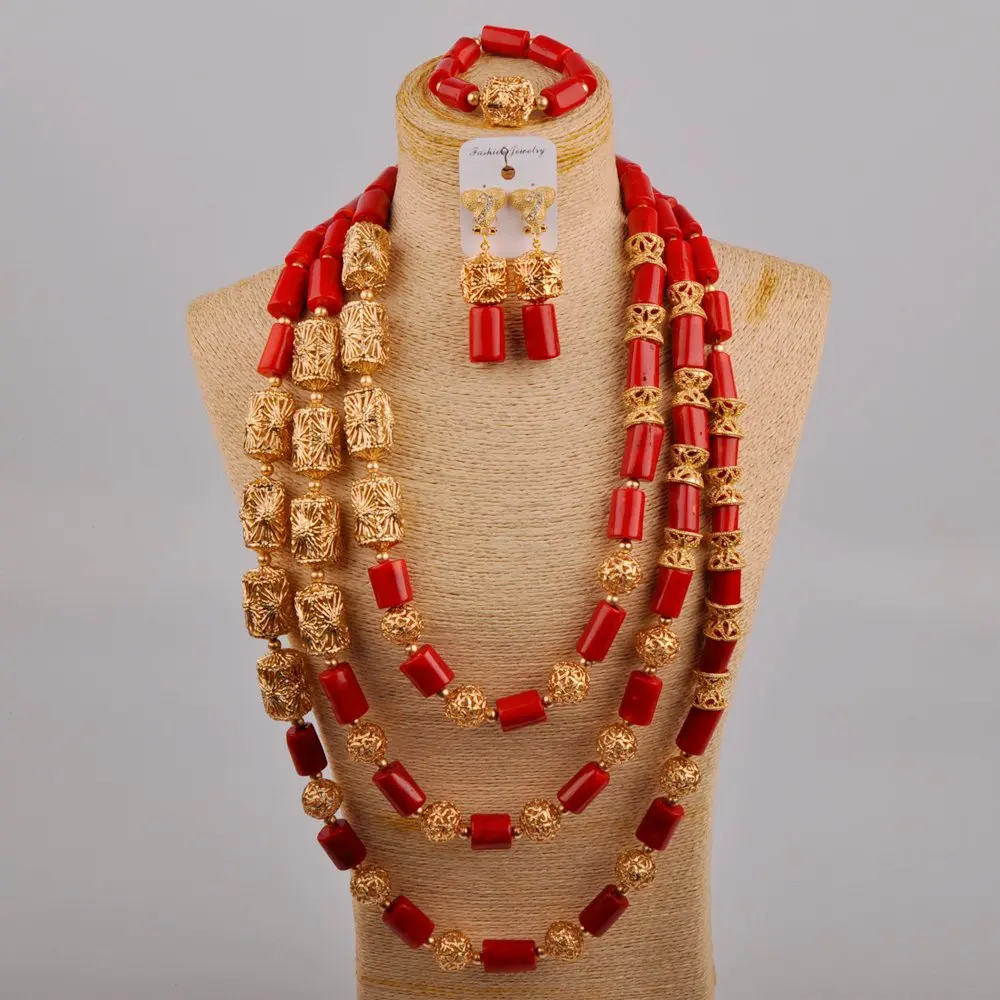 

Nigerian Fashion Wedding Beads Wedding Accessories Red Natural Coral Necklace African Bride Wedding Jewelry Set AU-469