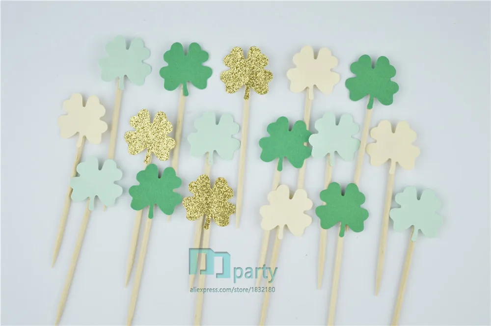 40pcs Lucky Green Clover  St. Patrick's Day, Four Leaf Clover, School Party, 4-H Meetings, Food Picks,Cupcake Toppers