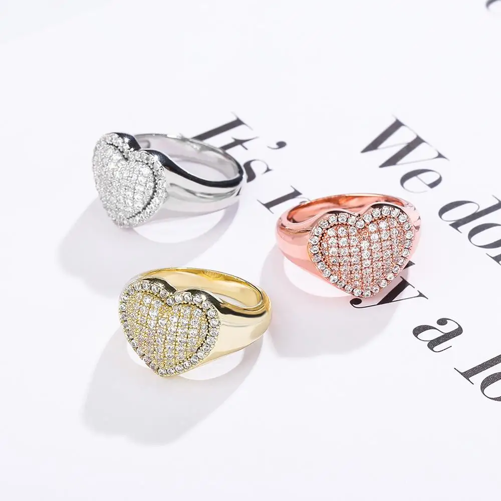 JINAO Hip Hop Fashion Love Ring Copper Gold Silver Color Iced Out Micro Pave Cubic Zircon Charm Ring for Men Women Gift