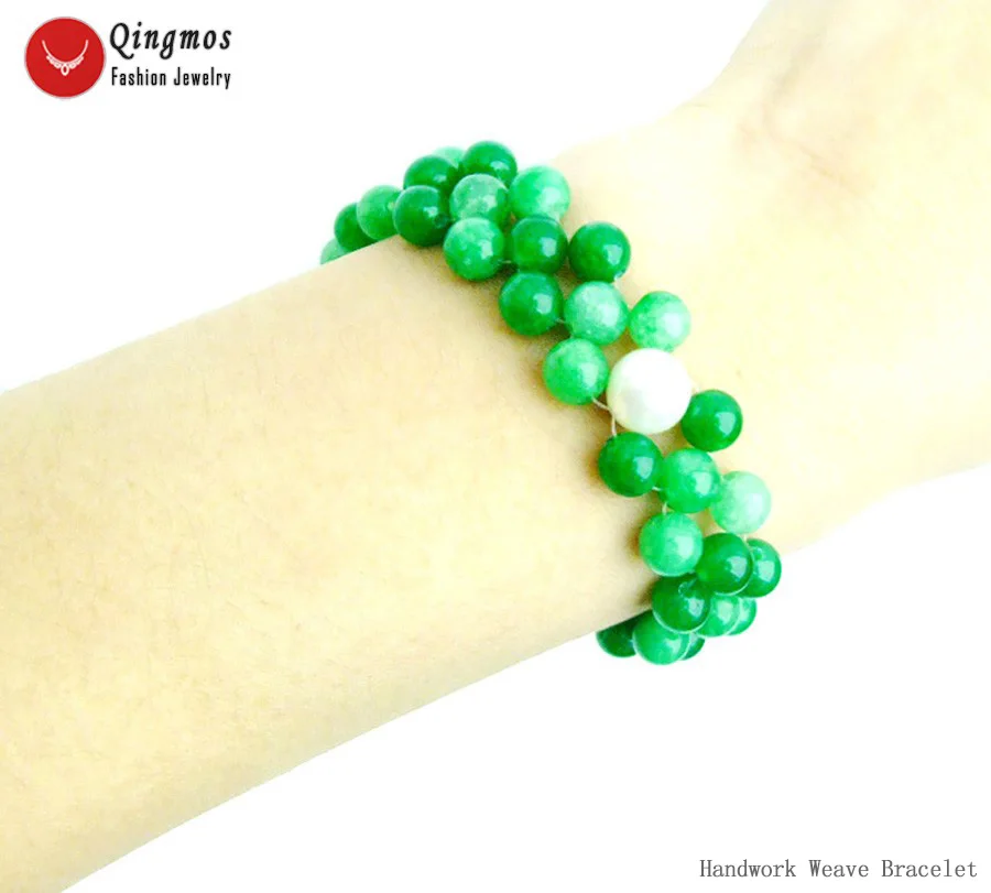 Qingmos Fashion Natural Dark Green Jades Bracelet for Women with 6mm White Pearl Bracelet 3 Strands 7.5