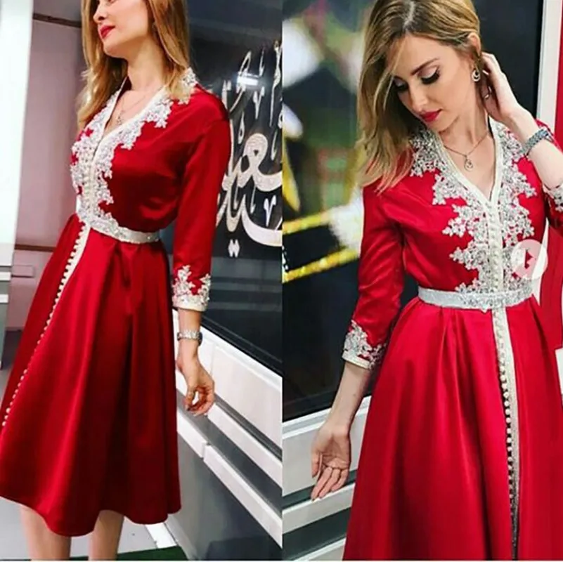 Caftán marroquí corto rojo, vestido Formal De noche con cuello en V, apliques De encaje, longitud hasta la rodilla, para fiesta De graduación, Vestidos árabes De Noiva