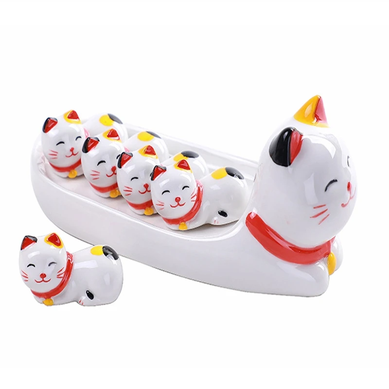 

6pcs Lovely Cat Chopstick Holder Set Support Fork Coffee Spoon Creative Dish Dinnerware fortune-cat Stand Kithchen Tools