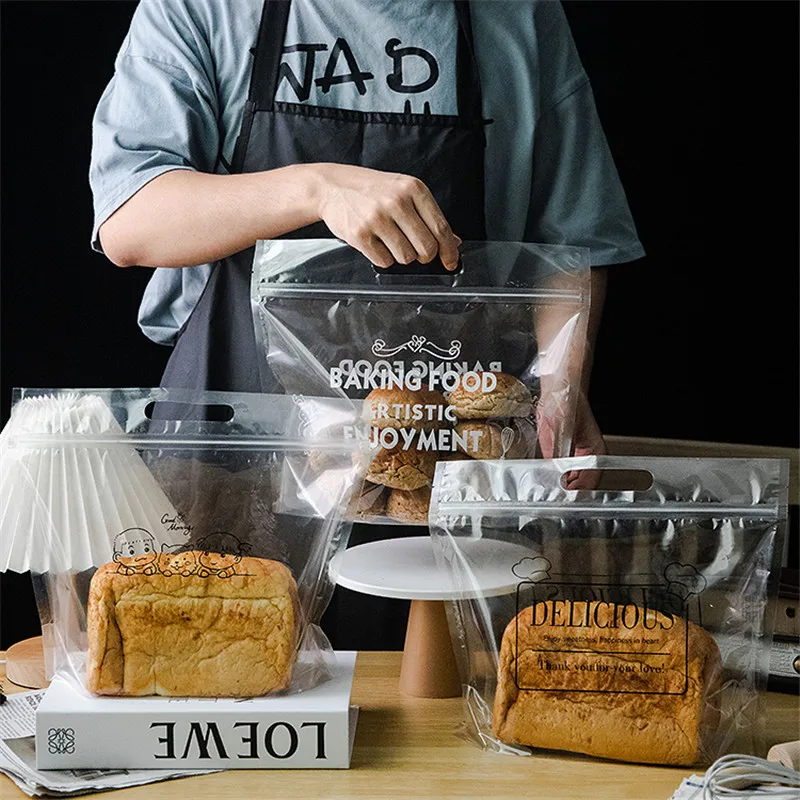 LBSISI Life 50pcs/Lot Transparent Sliced Bread Plastic Bags With Handle Biscuit Candy Cookies Brushed Hand Tear Toast Packaging