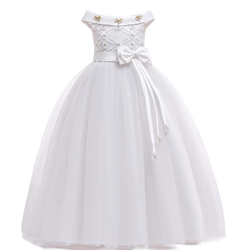 Girl Pink White One Shoulder Long Bridesmaid Dress Kids Bow Gown Clothes For Children Princess Party Wedding 12 13 14 Vestidos image 4