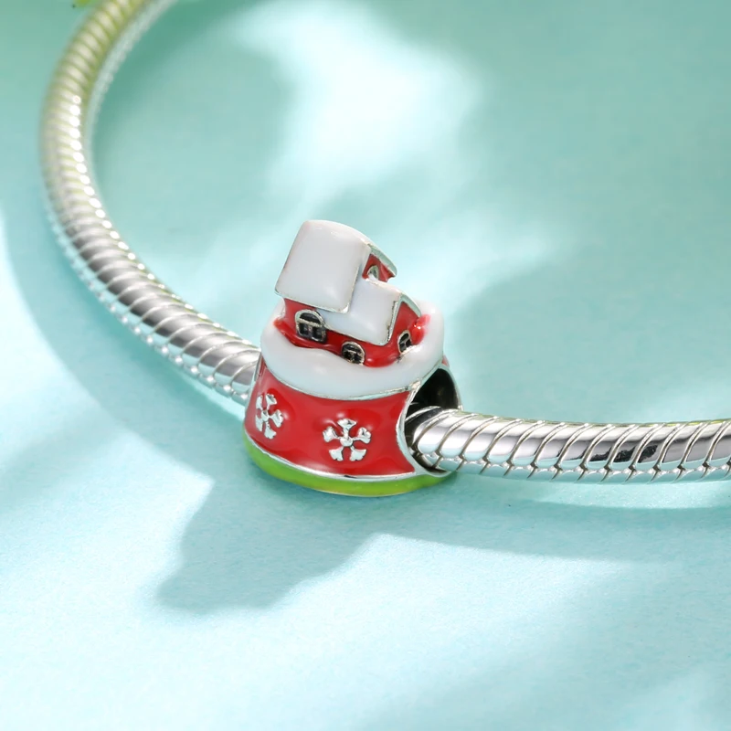 Christmas Gifts 925 Sterling Silver Charm Colorful Pendant Snow House Cake Santa Christmas Sock Bead for Original Bracelet DIY