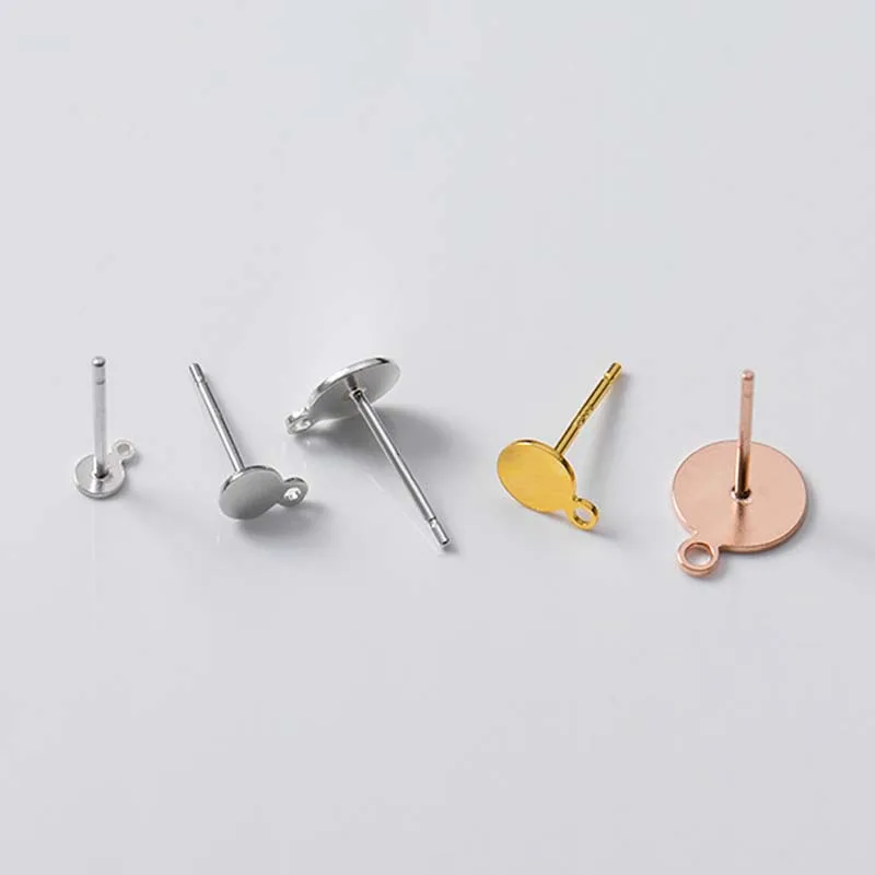 8pcs Real Solid 925 Sterling Silver Earring Stud Needle Post Flat Base Pins With Ring Settings DIY Jewelry Making Findings