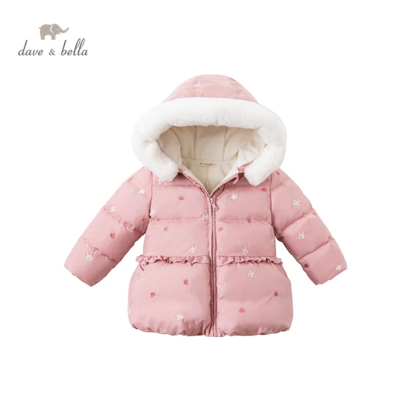 DBM15984 dave bella winter baby girls fashion cartoon fur hooded down coat children 90% white duck down padded kids jacket