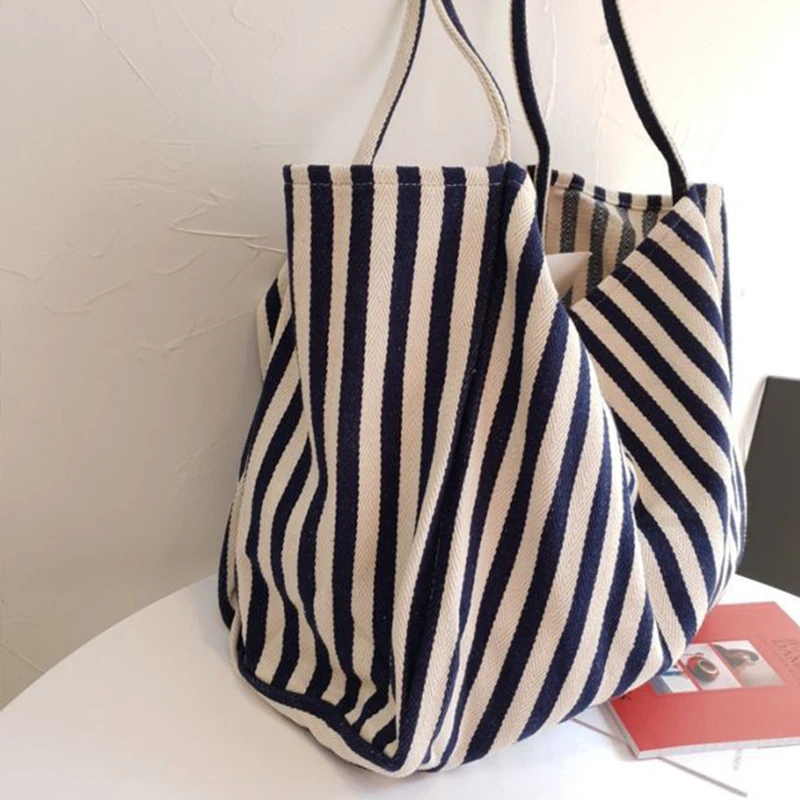 Large Capacity Canvas Women Shopper Tote Simple Striped Shoulder Bag Female Casual Multifunctional Travel Top-handle Handbag