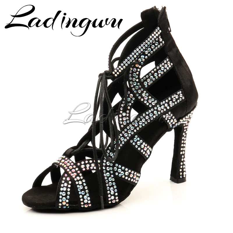 Ladingwu Latin Dance Boots Women Ballroom Salsa Dance Shoes Large and Small Rhinestones Comfortable to Adjust  Strap Dance Shoes