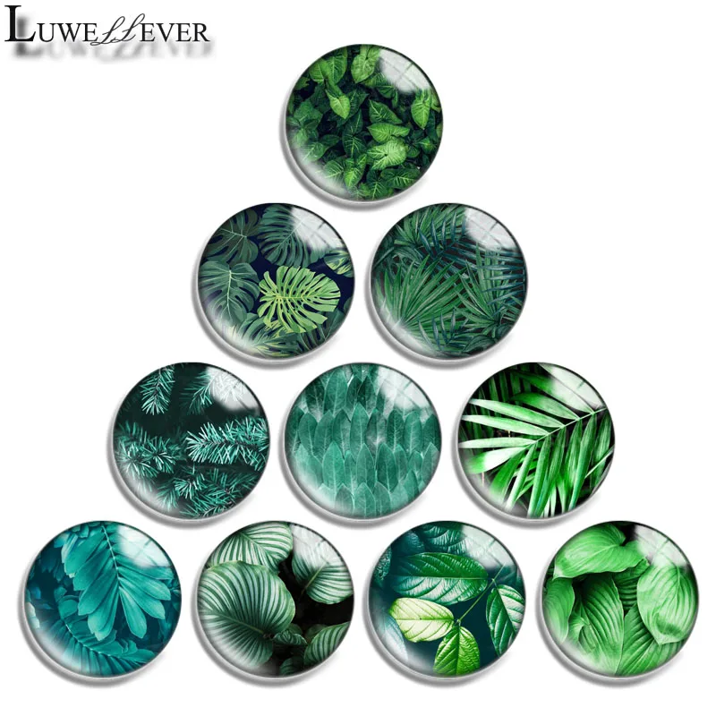 12mm 14mm 16mm 20mm 25mm 30mm 626 Green Leaves Mix Round Glass Cabochon Jewelry Finding 18mm Snap Button Charm Bracelet