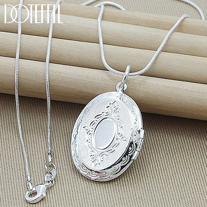 DOTEFFIL 925 Sterling Silver Oval Round Photo Frame Pendant Necklace 18/20-28/30 Inch Snake Chain For Woman Man Wedding Jewelry