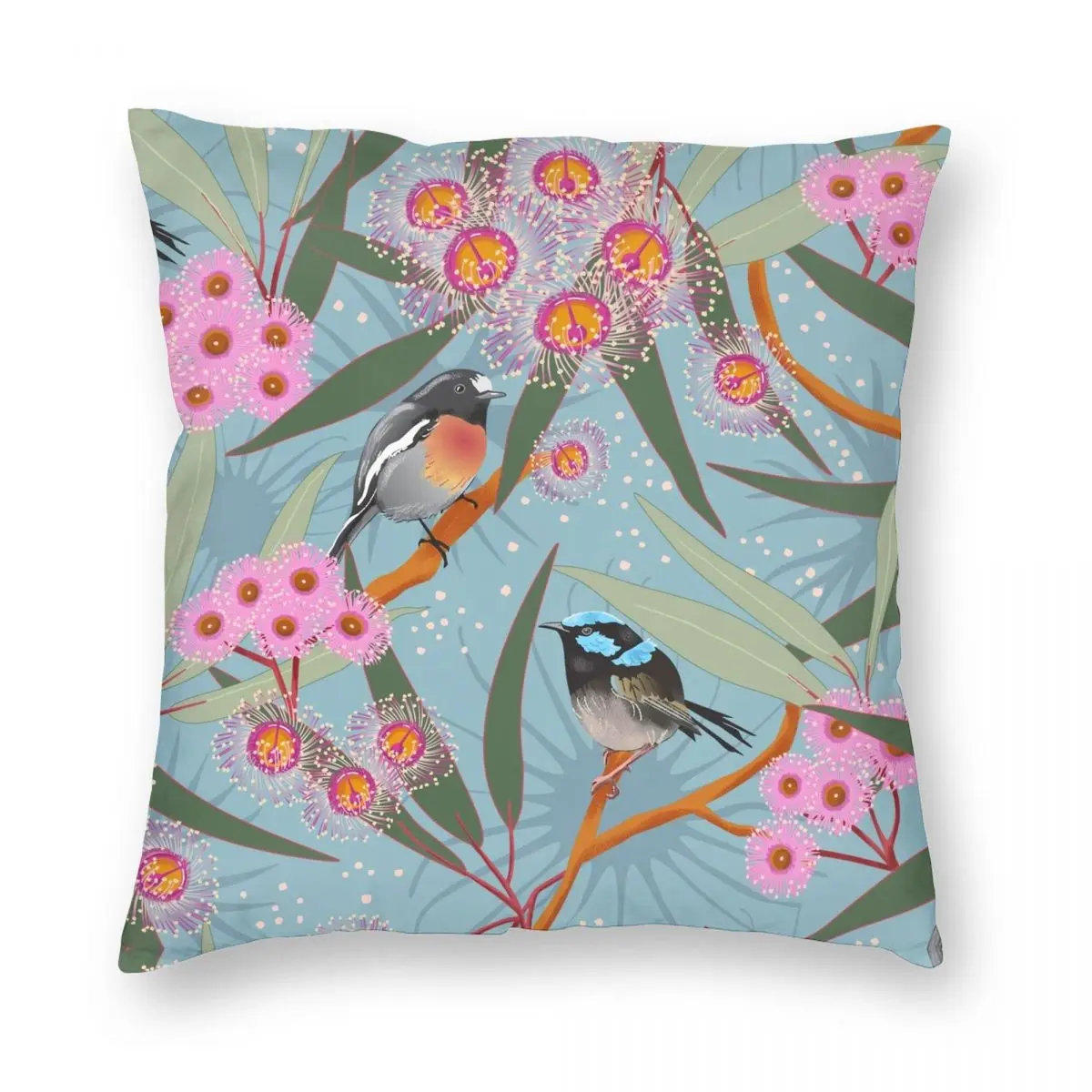 

Квадратная наволочка из австралийского эвкалипта с изображением сказочных цветов Wren Robin, декоративная подушка для комнаты из полиэстера и льна на молнии