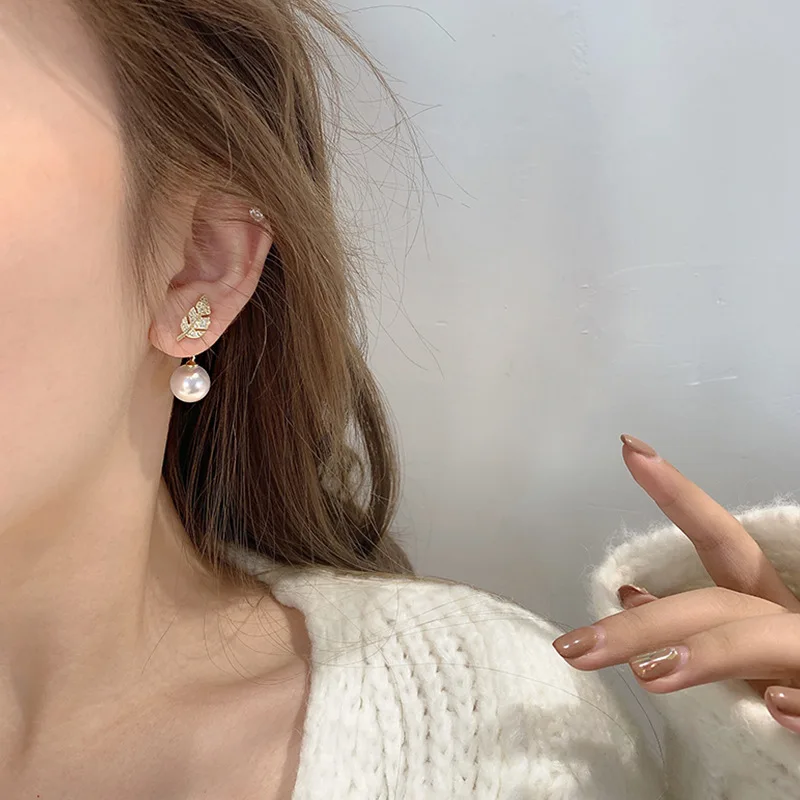 Sweet Girl Earrings New Fashion Pearl Crystal Leaf Earrings A Two-wear Combined Net Red Earrings Women's Wholesale Pendientes