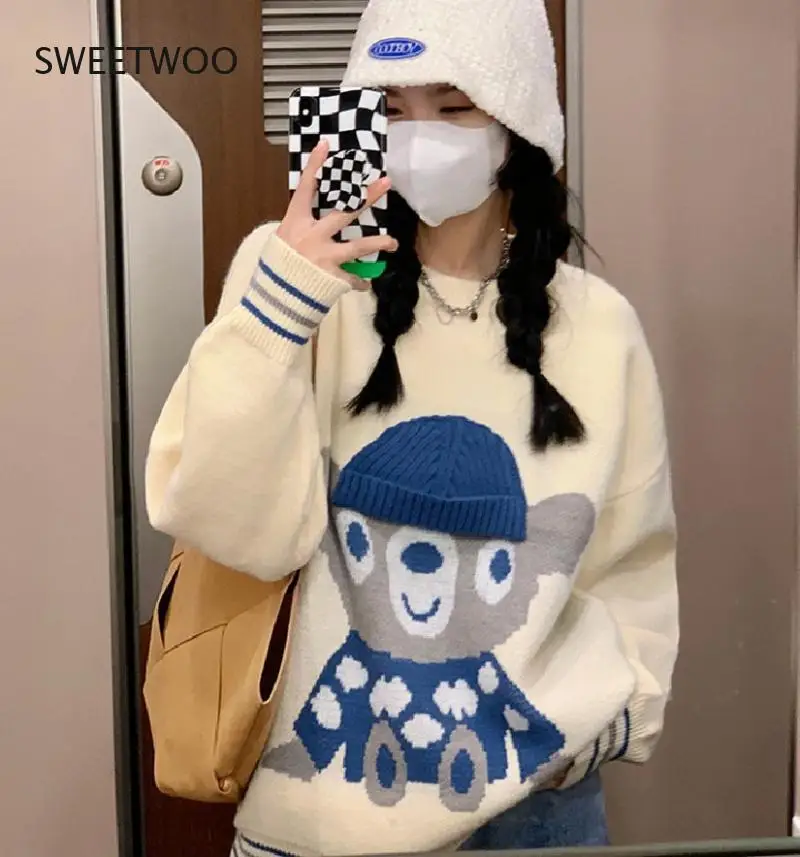 Korean Sweet Kawaii Cartoon Bear Embroidery Women Cardigans Japanese Style Cute Knit Cardigan New O Neck Long Sleeve Sweaters