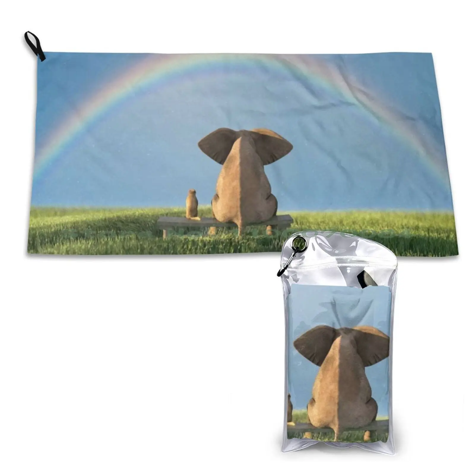 Elephant And Dog Sitting Under The Rainbow On A Green Grass Field Quick Dry Towel Gym Sports Bath Portable Meeples Board Game