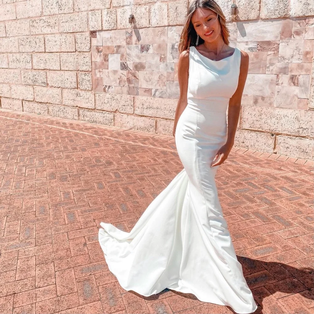 Vestido de novia sirena cuello redondo sin espalda botón crepé hasta el suelo tren de barrido Simple vestido de novia blanco largo nuevo personalizado